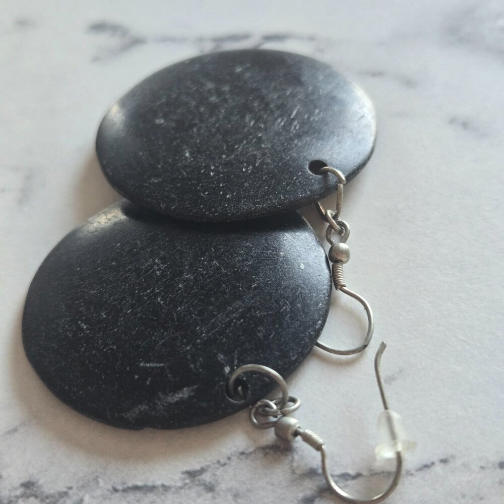 Vintage Black Carved Horn Disc Earrings